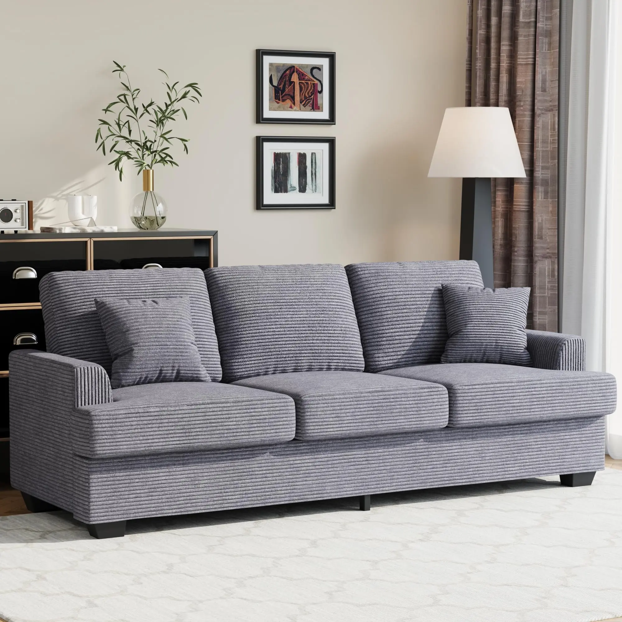 Garvee Modern 86" Corduroy Sofa with Deep Seat, Upholstered Cushion, Removable Cover, and 2 Throw Pillows - Comfortable Grey Couch Perfect for Small Space Apartments and Lounges