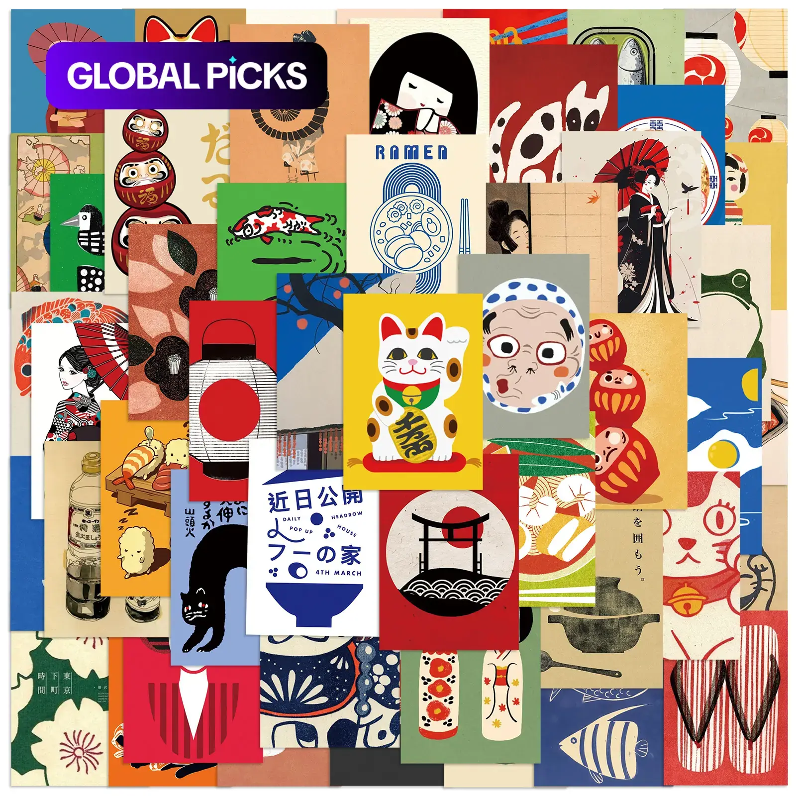 Japanese Style Poster Series Stickers, 50 Pcs/Set Colorful Decorative Funny DIY Decals for Water Bottle, Laptop, Phone Case, Phone Decoration, Scrapbooking and Journal Cover #GLOBAL PICKS