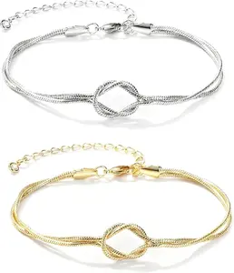 Mother's Day Gift 2Pcs Matching Bracelets for Couples, Friendship Bracelets, 14k Plated Fits Small Wrists Bangle & Silver Color Bracelet