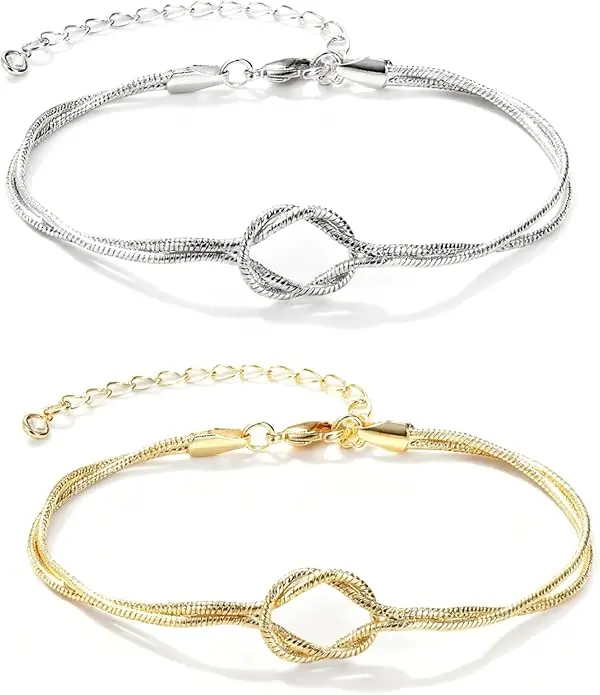 Halloween Fall Gift 2 Pcs Matching Bracelets for Couples, Friendship Bracelets, 14k Plated Fits Small Wrists Bangle & Silver Color Bracelet