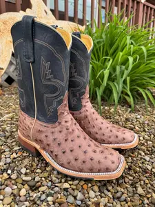 Anderson Bean Men's Kango Tobacco Bruciato Full Quill Ostrich & 10” Navy Bulldozer Top Square Toe Cowboy Boots 360197