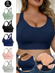 5-Pack Plus Size Women's Seamless High Support Sports Bras, Wireless Push Up Shock Absorbing Yoga Gym Workout Tops with Removable Padding, Cross Back Breathable Comfort Activewear