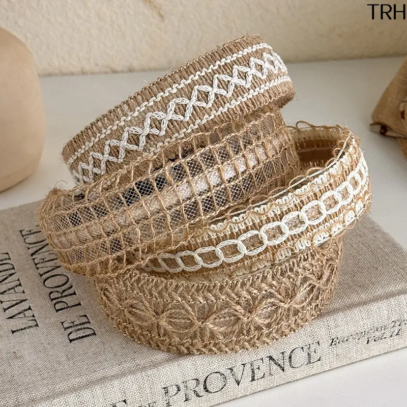 Boho Hollow Straw Woven Wide Headband for Women, Summer Vacation High Cranial Top Hair Hoop, Breathable Anti Slip Bohemian Lace Hair Band