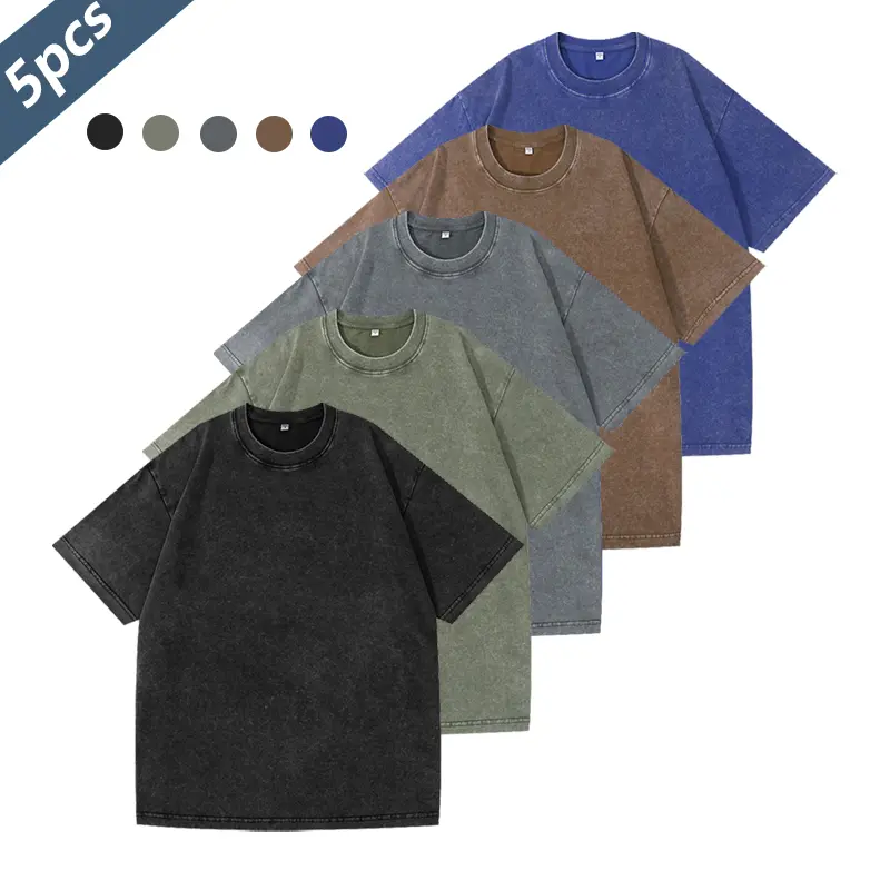 Men's 5-Piece Casual Menswear Round Neck Short-Sleeve T-Shirts - American Retro Washed Loose Cotton Streetwear Multi-Color Daily Wear Tops