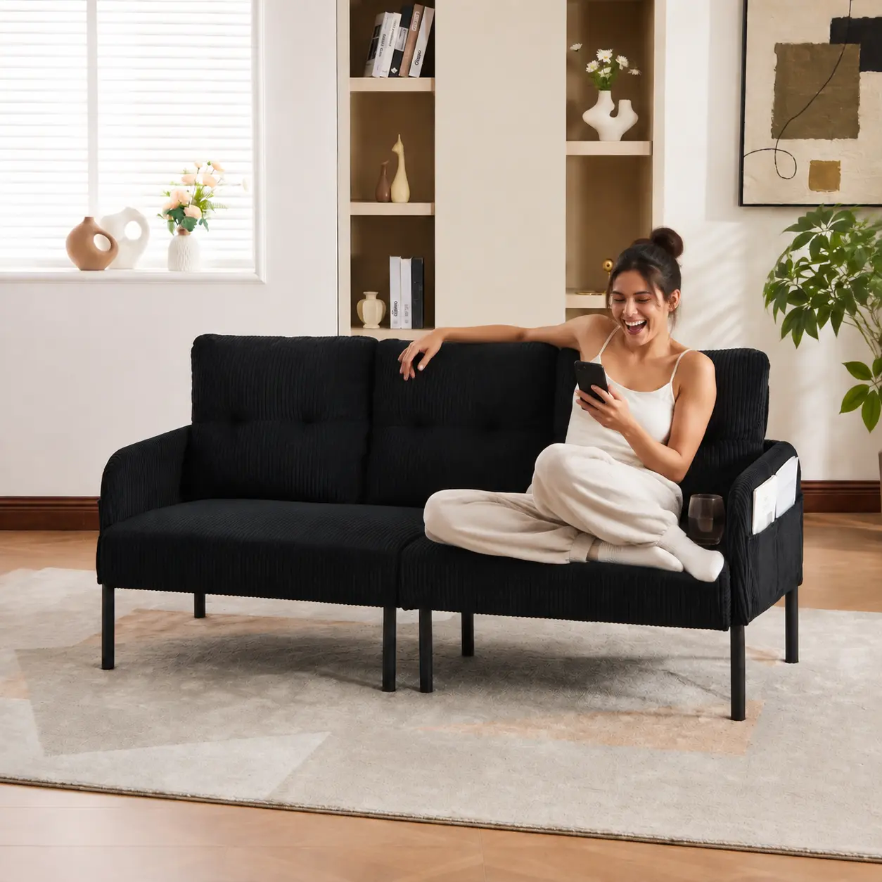 Durable 2-Seater Corduroy Comfy Couch - Oversized Modern Plush Upholstered Loveseat with Fixed Arms, Metal Legs, Side Pockets, Couch for Bedroom, Indoor Living Room Accent Furniture, Sturdy, Dorms, Double-Seater Design