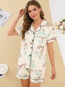 Women's Animal Print Pajama Set, Open Front Cardigan, Lapel Neck Short Sleeve Shorts, Homeewear Suit, Comfortable Sleepwear, Pyjamas, Homewear, Loungewear