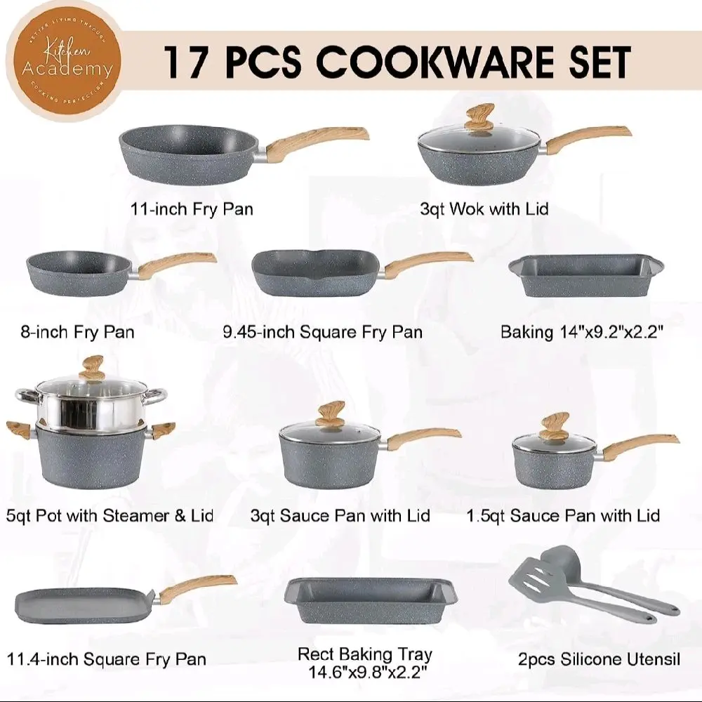 Kitchen Academy 17Piece Induction Cookware Set Granite Non-Stick Pots and Pans with Lids & Utensils for Efficient Cooking