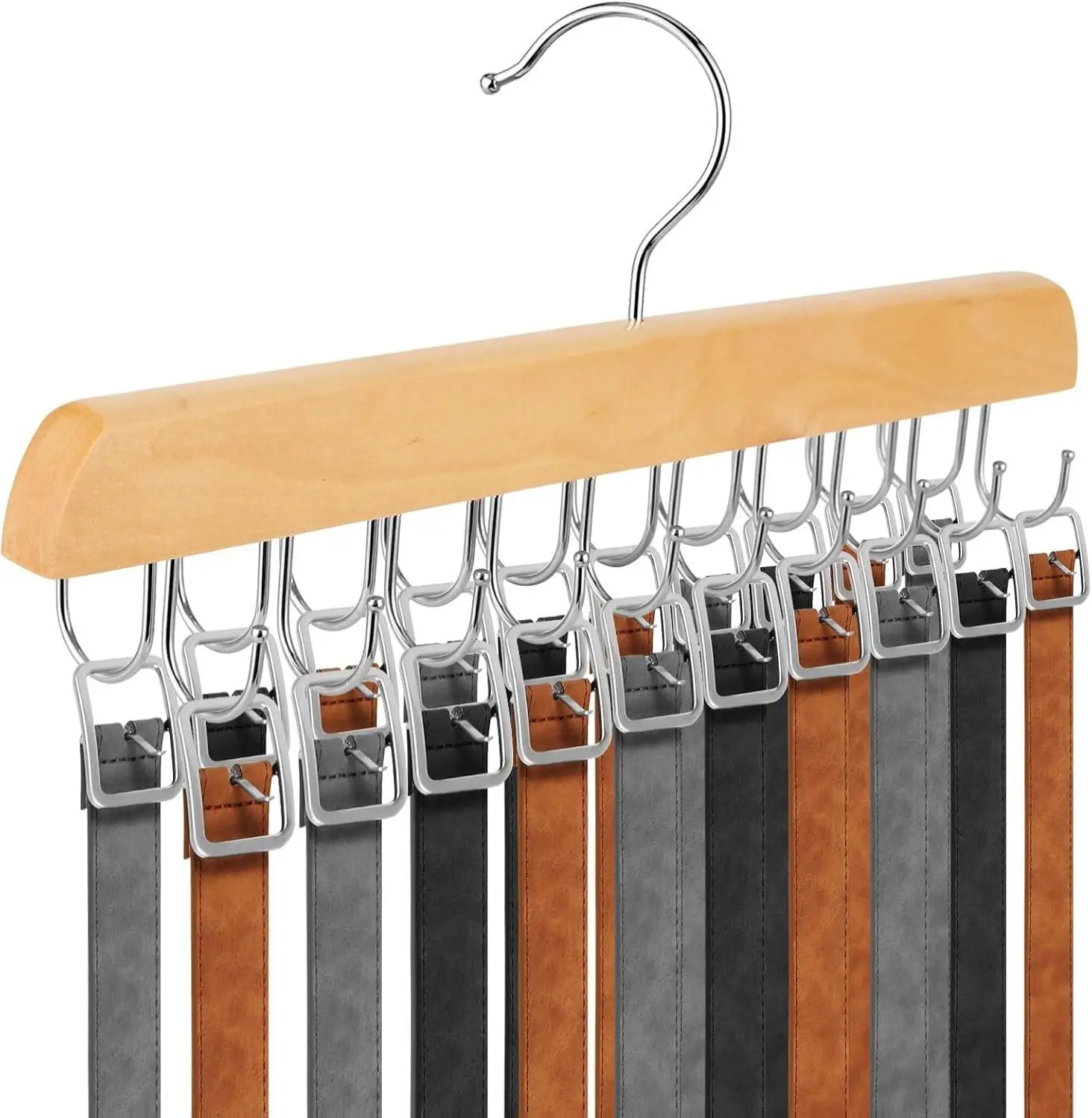 [New Deal] 20-Hook Rotatable Wooden Belt Hanger for Wardrobe Use, 360° Rotating Hanging Organizer with Stainless Steel Hooks, Stores Up to 60 Belts, Ties, Tank Tops and Accessories