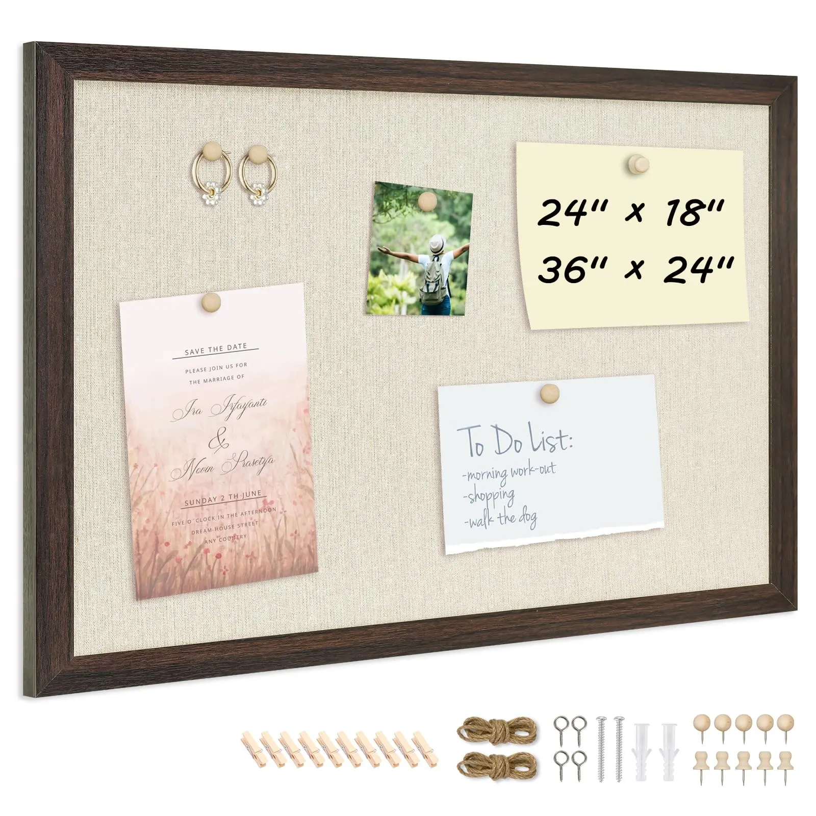 Bulletin Board With Linen 24'' X 18'' Wood Framed Cork Boards For Walls  Photo Display Pin Decorative Corkboard Office Home School Dorm Decor 10 Pushpins Dark Walnut