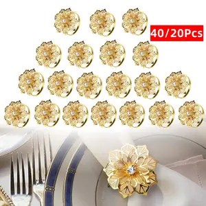 A Set of 40/20 Napkin Rings,Metal Gold Hollow Out Flower Napkin Ring Holder for Wedding Party Holiday Banquet Christmas Dinner Delicate Serviette Buckles Decor Favor Disposable Gift