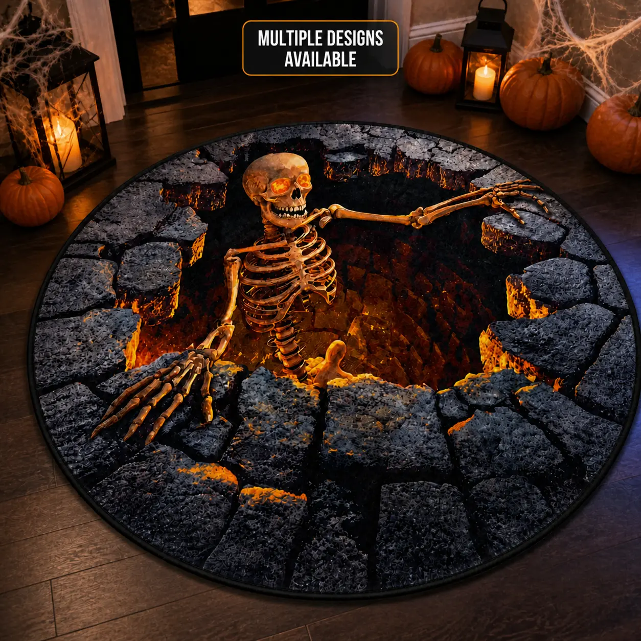 3D Halloween Optical Illusion Printed Round Area Rug, Soft Polyester Surface, Multiple Spooky Designs, Haunted House and Halloween Party Decor