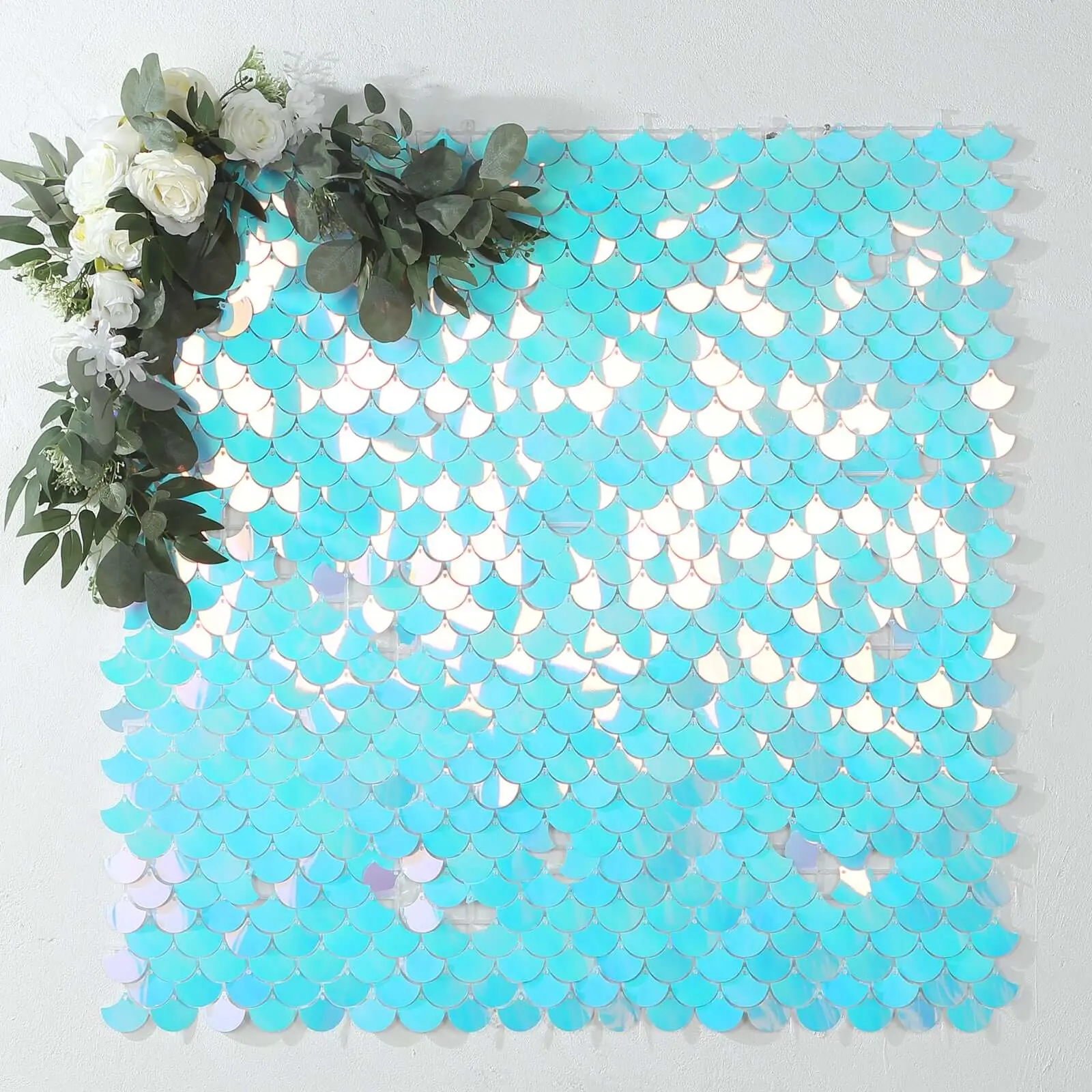 24 sq.ft Shiny Iridescent Blue Mermaid Scale Sequin Backdrop, 24-Panel Photo Wall Decor Panels for Bedroom Decor, Party Wall Art Supplies