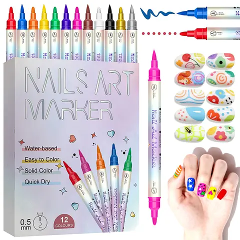 12-Color Dual-Tip Nail Art Pens Set - Upgraded 0.5MM Non-Toxic Quick-Dry Polish Pens with Dotting Tools for Nail Care, DIY Solo Session, At-Home & Salon Use, Teen Girls Gifts & Kid Girl Gifts for Children