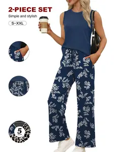 Women's Two Piece Set Top for Summer Spring, Sleeveless Leopard Print Suit, Casual Loose-Fit Mock Neck Wide Leg Pants, Womenswear