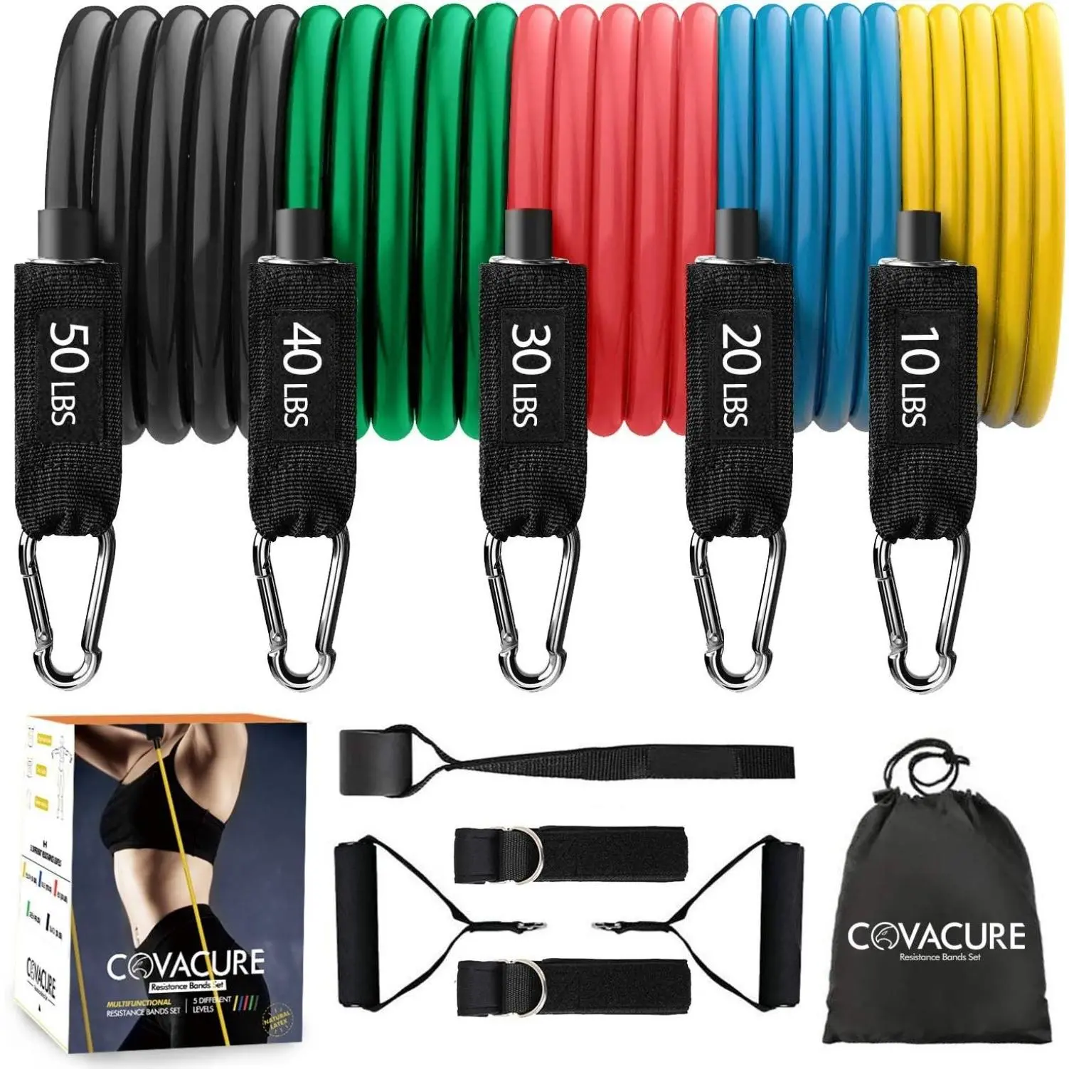 Set with Handle (11pcs) Up to 150 lbs Workout Bands with 5 Stackable Exercise Bands Door Anchor, Handles, Legs Ankle Straps for Home Workouts, Gym, Yoga