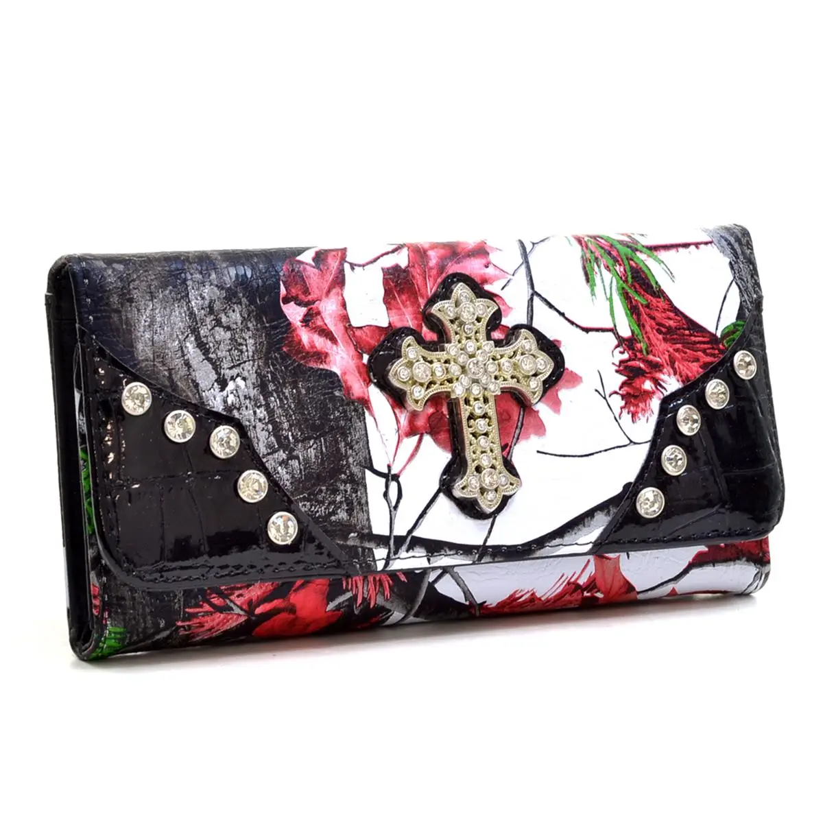 Gold Rush WC99-RD & CAM Western Rhinestone Cross Accent Wallet - Red & Camouflage, All-In-One Women's Wallets
