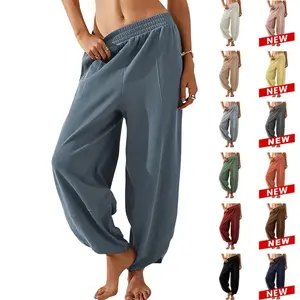 Yeokou Women's Minimalist Basic Bottoms, Casual Loose Baggy Wide-Leg Elastic-Waisted Palazzo Harem Trousers with Pockets