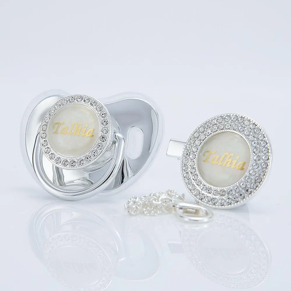 MIYOCAR Custom Bling Silver Diamond Baby Pacifier with Clip for Newborns and Babies Personalized Bling Binky