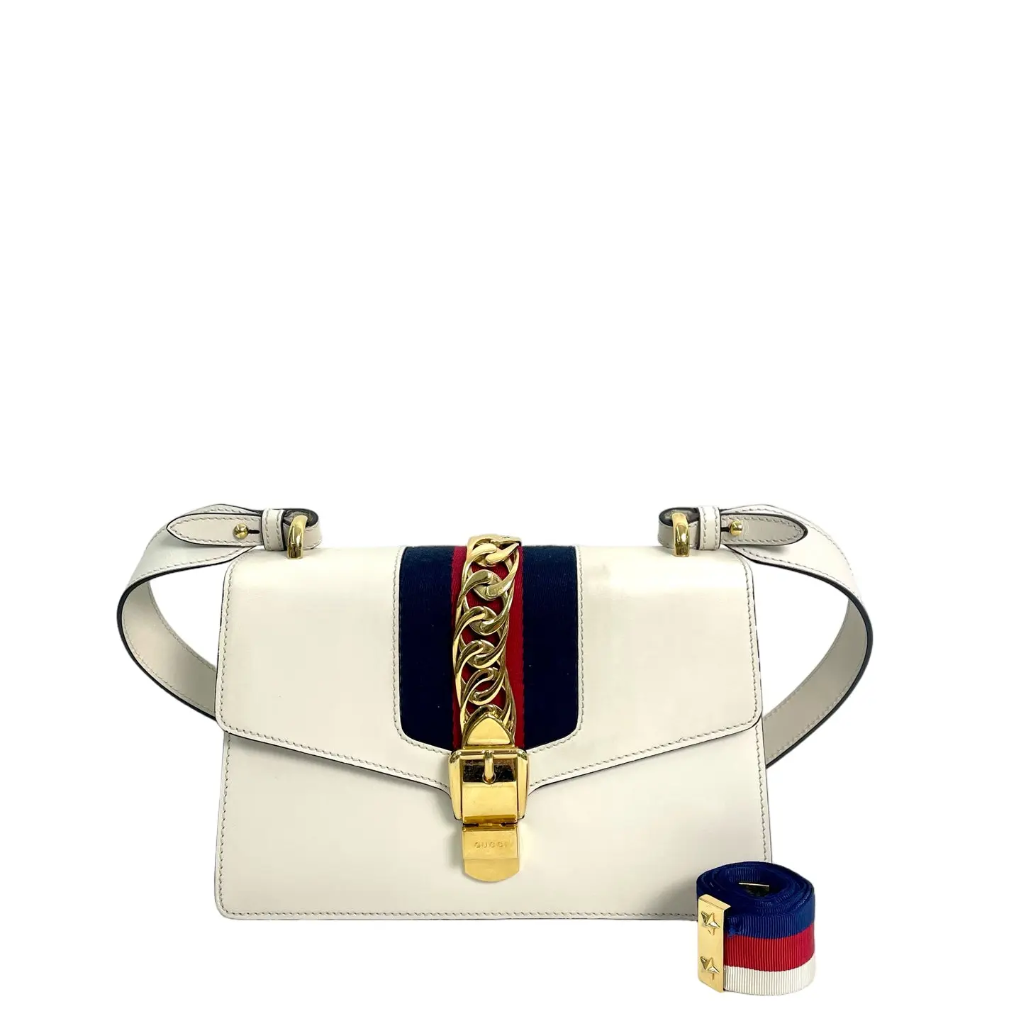 Pre-owned leather shoulder bag Gucci Sylvie Small in White with Web Stripe