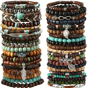 42-Piece Set Vintage Style Bohemian Wooden Beaded Bracelets, Fashionable Stacking Bracelet Set For Women, Ethnic Men's Outdoor Accessory Collection