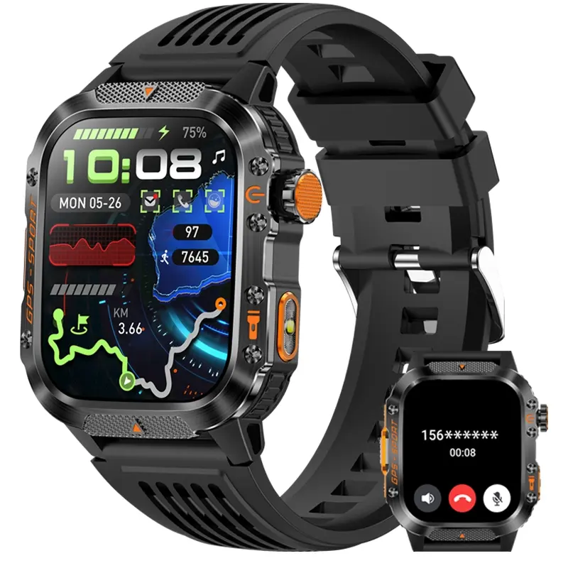 GPS smartwatch with 2.01-inch high-definition screen, Titanium Alloy, wireless, answering and making calls, fitness tracker, 100+ sports modes, digital smart watch, IP68 waterproof, flashlight, weather alarm, calendar, Electronic sport watch