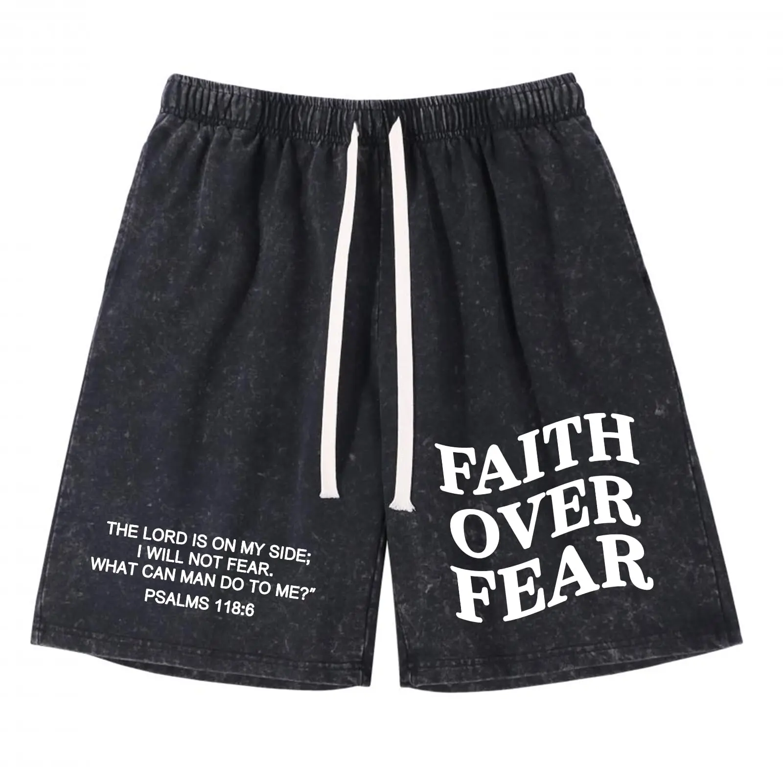Boys' "Faith Over Fear" Graphic Cotton Washed Shorts - Christian Lightweight Daily Casual Sporty Chic Streetwear with Pockets, Adjustable Drawstring (M)