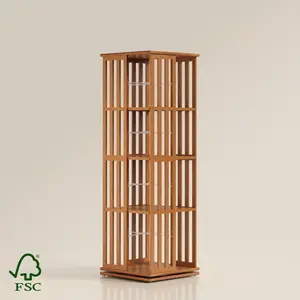 YOWOS 360° Rotating Bookshelf Tower 4 Tiers - Spinning Display Shelf Bamboo Floor Standing Bookcase for Kids & Adults, Space-Saving Narrow Design