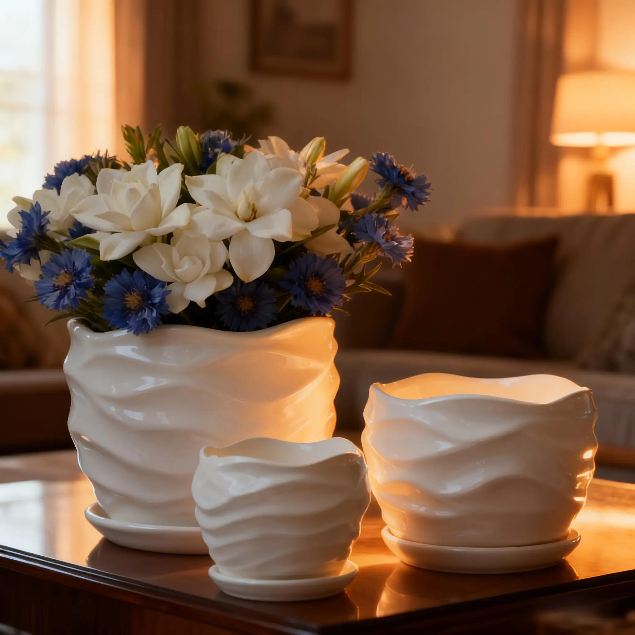 3-pcs Wavy Ceramic Light-Glazed Planter Set 3 Sizes Aesthetic Home Decor for Plants Indoor Flower Pot with Drainage Tray White Wavy Design Ideal for Various Plants unique  planter indoor outdoor