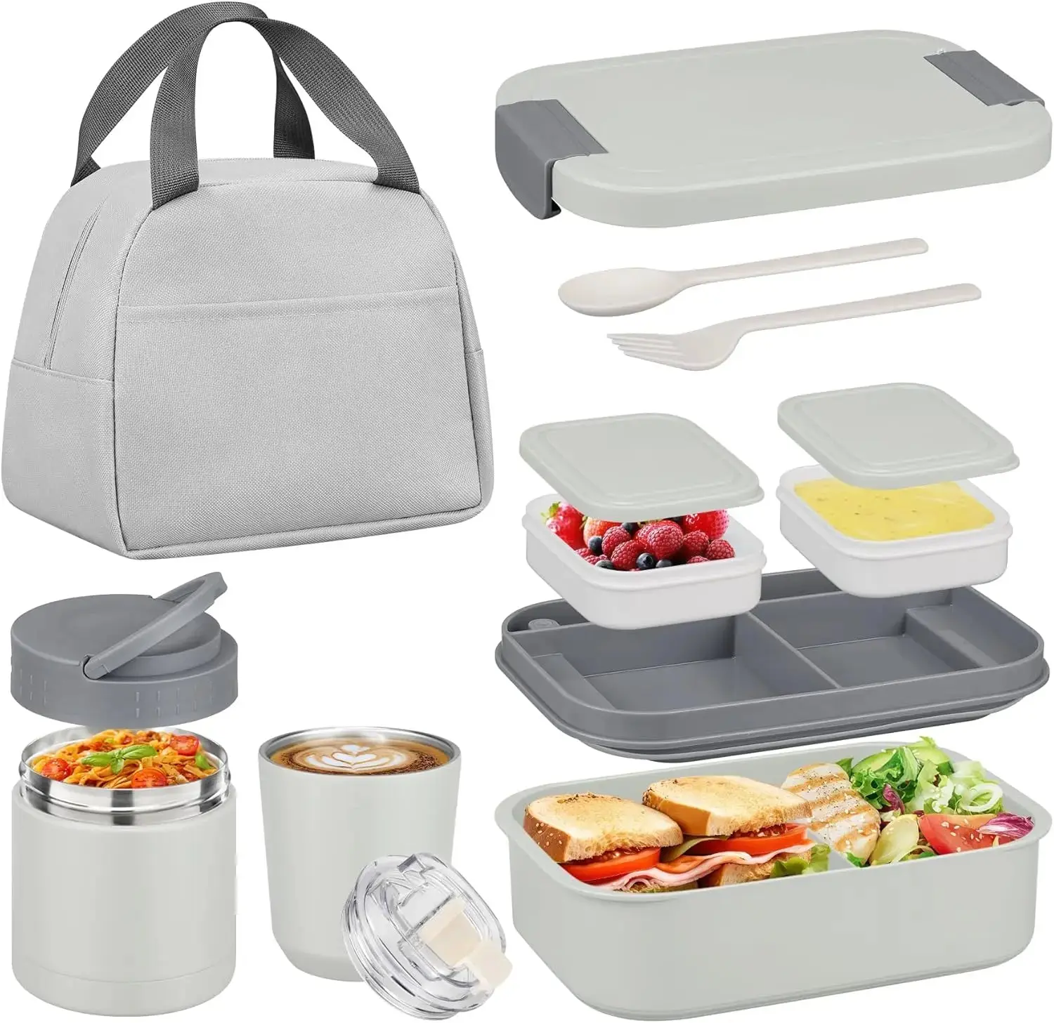 [Summerwins] Bento Lunch Box Set with 10.5Oz Soup Thermo Food Jar for Adults Kids, Stainless Steel Leak-Proof Lunch Container with 4 Compartment, Coffee Tumbler with Lunch Bag for School Travel Office-Grey