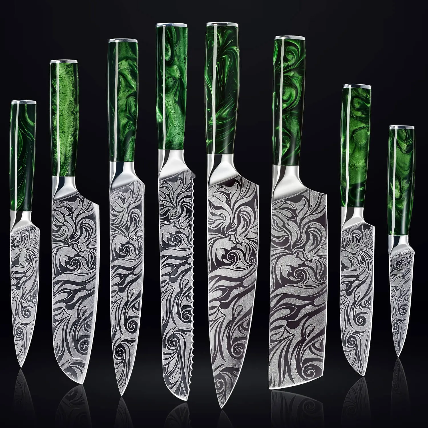 Beautifully Engraved 8-Piece Japanese Kitchen Knife Set - Chef Knife Set with Green Resin Handles - Senken Knives "Wasabi" 8-Piece Knife Collection Block Kitchen Knives