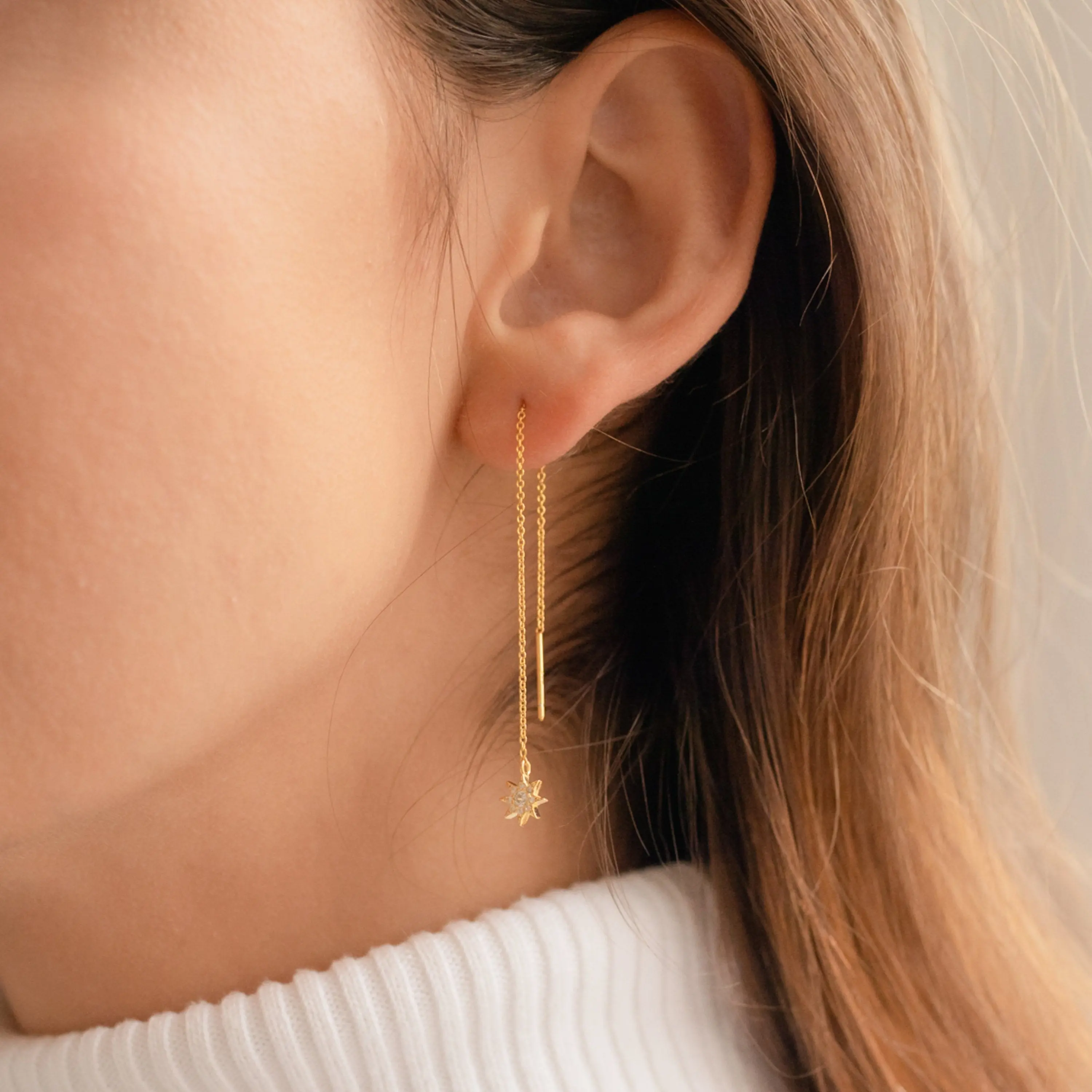 Lux Threader Earrings by Caitlyn Minimalist - Starburst Dangle Chain Earrings - Pave Diamond Star Earrings in Gold & Silver - Celestial Jewelry - Bridesmaid Gifts