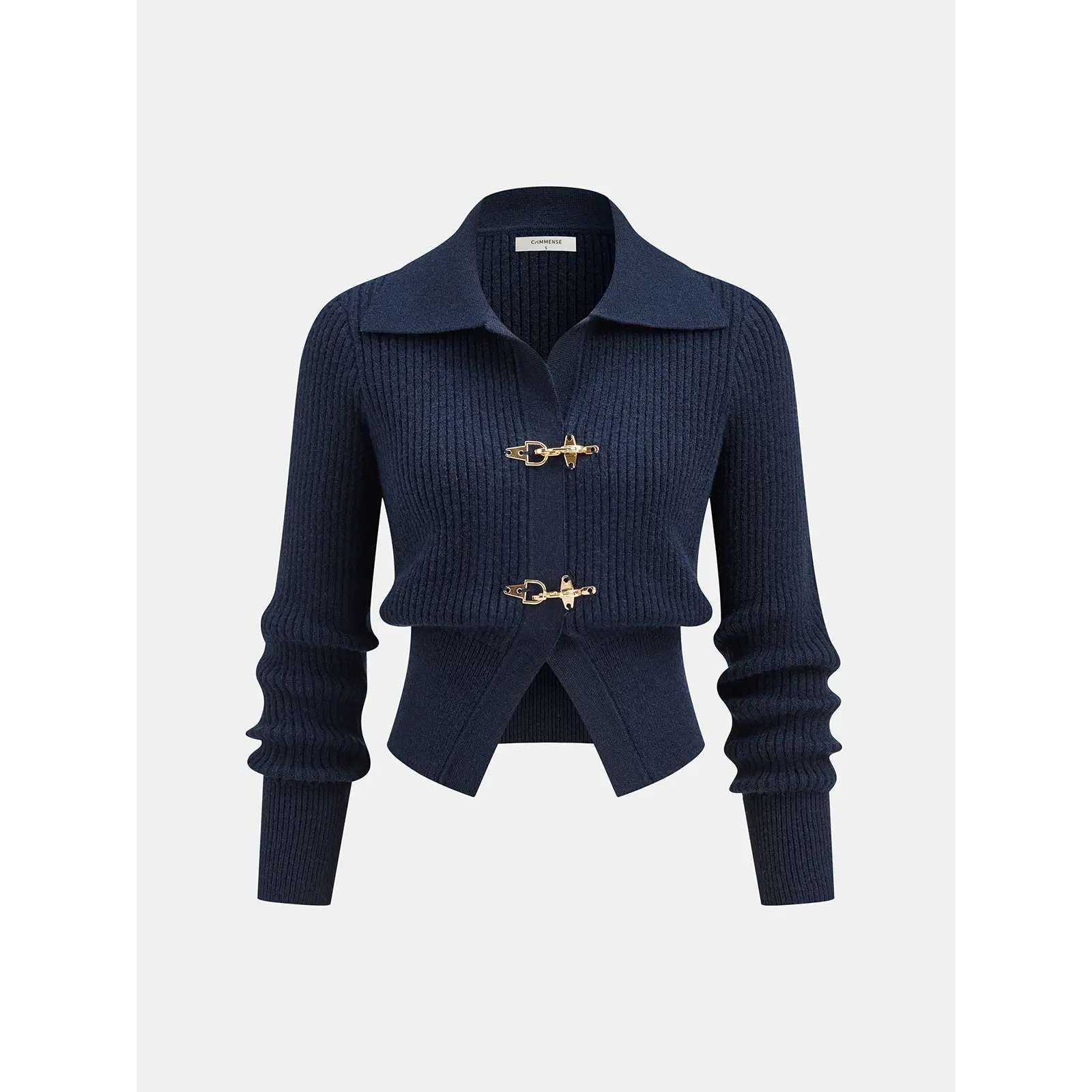 Collared Metal Buckle Ribbed Cropped Sweater