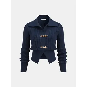 Collared Metal Buckle Ribbed Cropped Sweater