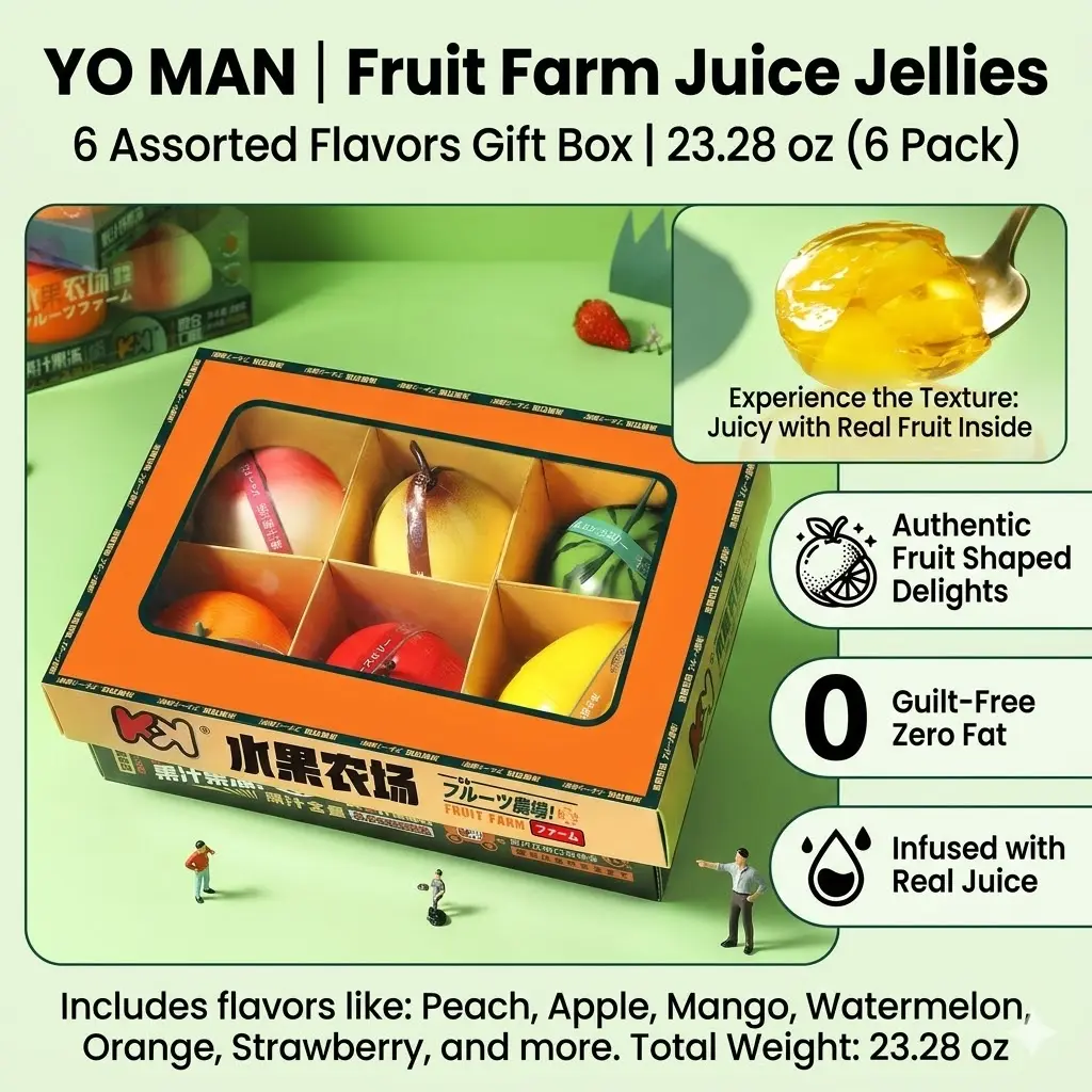 Real Fruit Juice Jelly Snack Gift Box 23.3oz - 6 Fun Fruit Shapes, Bouncy QQ Texture, Party Treat for Kids & Adults, Low Fat
