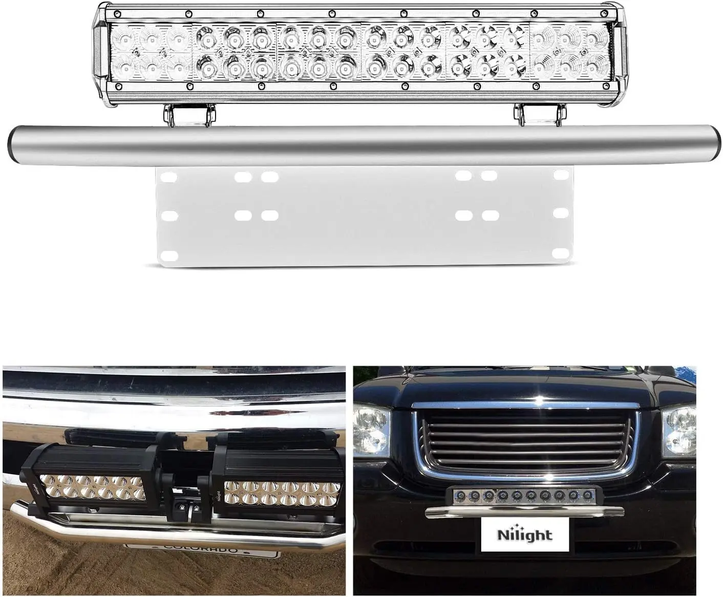Nilight Aluminum Alloy Front License Plate Frame Mounting Bracket Holder – Car Accessories for Truck, Vehicle Front Number Plate, Offroad LED Work Lamps, Light Bar Bases, Silver, 2-Year Warranty