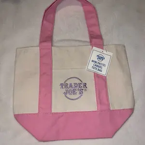 Trader Joe’s Mini Canvas Tote Bags in Green Blue Pink and Purple Heavy Duty Durable Practical with Front Pocket for Grocery Laptop Gym Essentials Makeup Snacks Errands Picnics Beach Days Car Organization