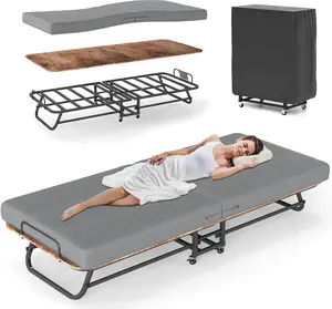 Folding Bed with Mattress, Portable Foldable Bed on Wheels for Adults, Memory Foam Mattress and Metal Frame, Space Saving Roll Away Beds for Easy Storage, 75" x 31"