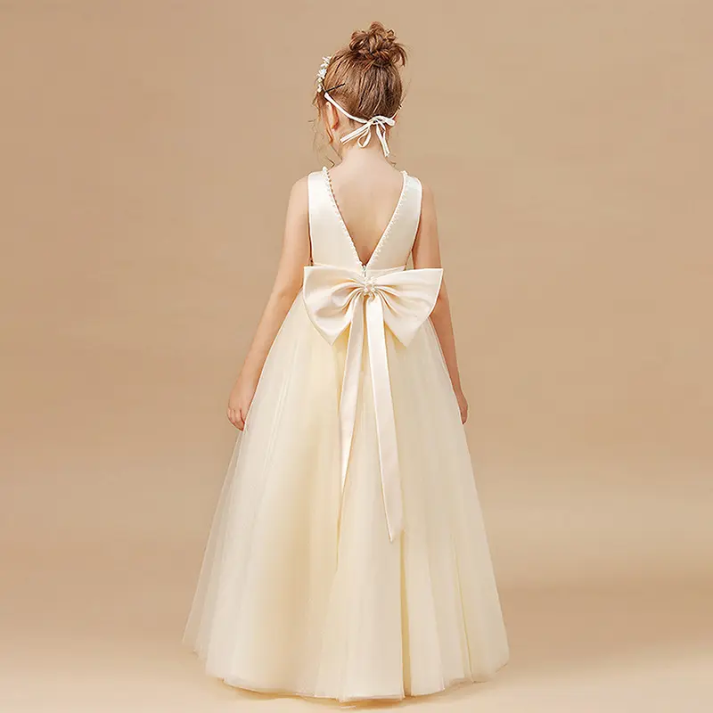 Girls' Floor-Length Princess Dress with Embellishments & Back Bow Design Sleeveless Tulle Baptism Dress for 7-14Y Wedding & Party Wear 23036