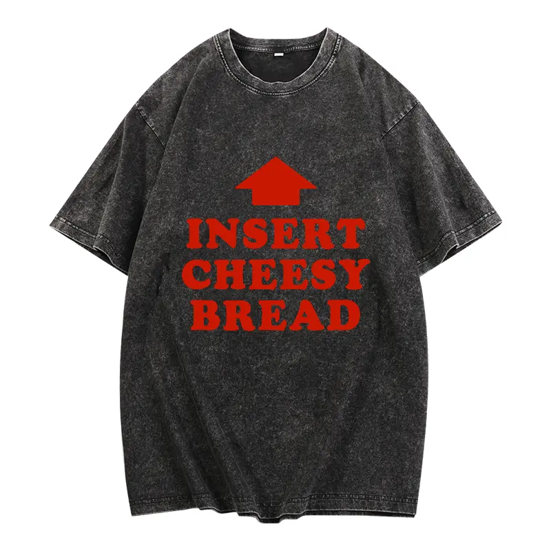 T-Shirt Featuring Red "INSERT CHEESY BREAD" Lettering and Red Arrow Design