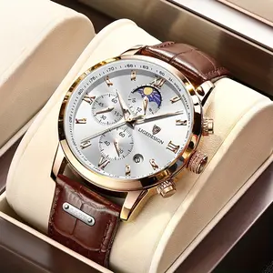 Men'S Quartz Watch| Vintage Style| Multi-Functional Chronograph| 1181.1inch| Calendar & Moon Phase| High-Quality Strap| Zinc Alloy Case, Electronic Drive| Non-rechargeable Button Battery| Luxury Business Watch, Business Watch| Faux Leather Strap| Quartz M