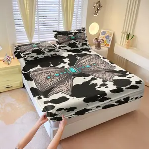 3Pcs Rustic Cow Print Fitted Sheet Set, Decorative Bedsheet Sets, Metallic Bronze Bow Tie Design with Turquoise Bead Accents, Western-Inspired Bedding, Bedroom Decoration and Gifting