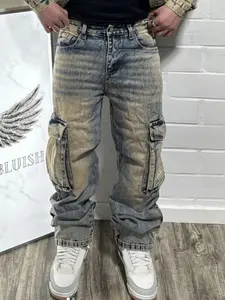 Men's Cargo Pants, Formen Straight Leg Casual Fashion Jeans, Washed Antique Copper Color Trendy Long Pants, Vintage Denim Jeans