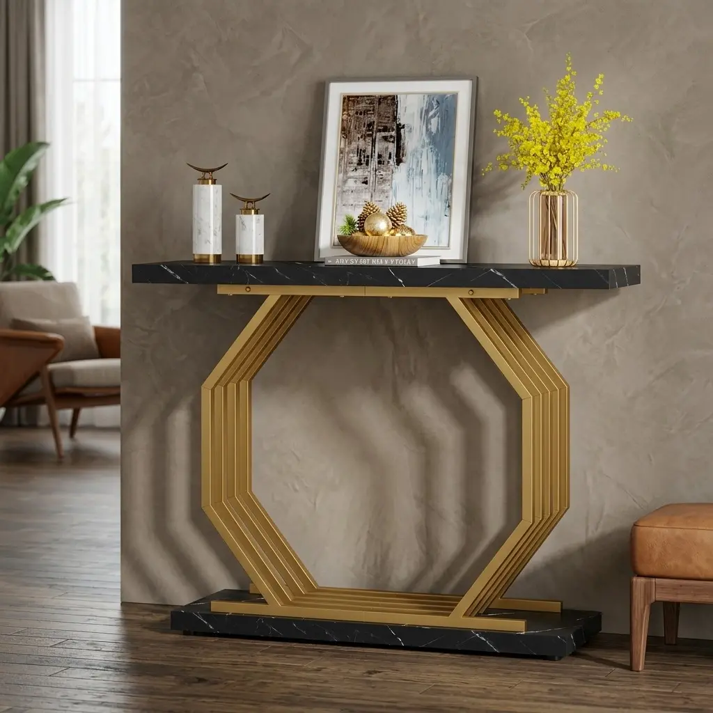 40-in Modern Luxury Faux Marble Auto-Leveling Console & Sofa Table, Narrow Entryway Accent Table with Gold Octagon Metal Base & Adjustable Legs, Angle Adjustable for Living Room, Foyer, Angle Adjustable Console & Sofa Tables