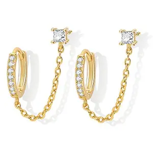 Aurora & Fiori Jewelry Double Piercing Chain Earrings for Women 18K Gold Plated S925 Sterling Silver Dangle Chain Huggie Hoop Earrings with Cubic Zirconia Stones Simulated CZ Stud Earrings