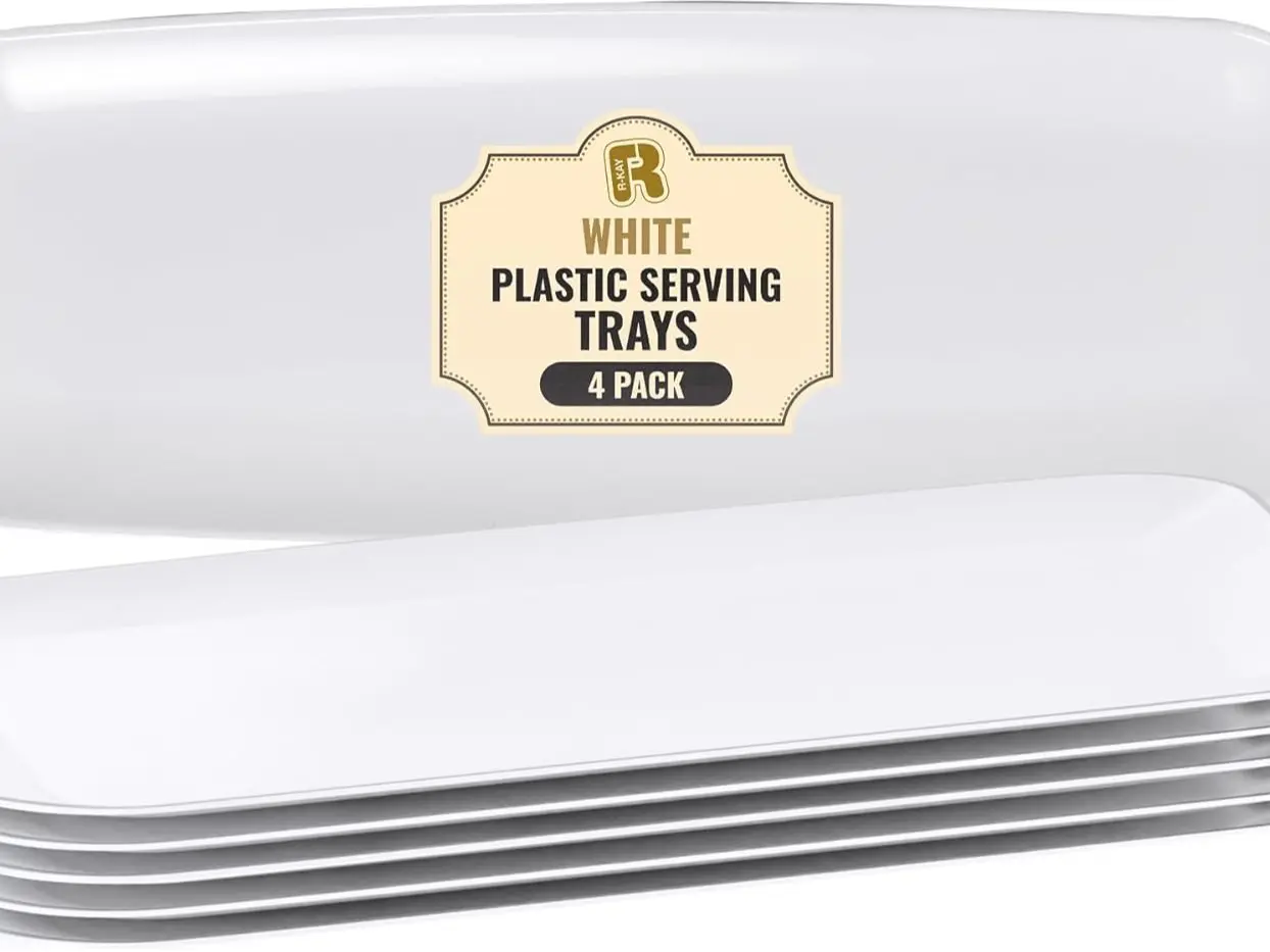 4 Pack White Plastic Rectangular Heavy-Duty Serving Plates - 17x6.5 in Eco-Friendly Dessert Trays for Wedding, Party Food (Home & Festive Supplies)