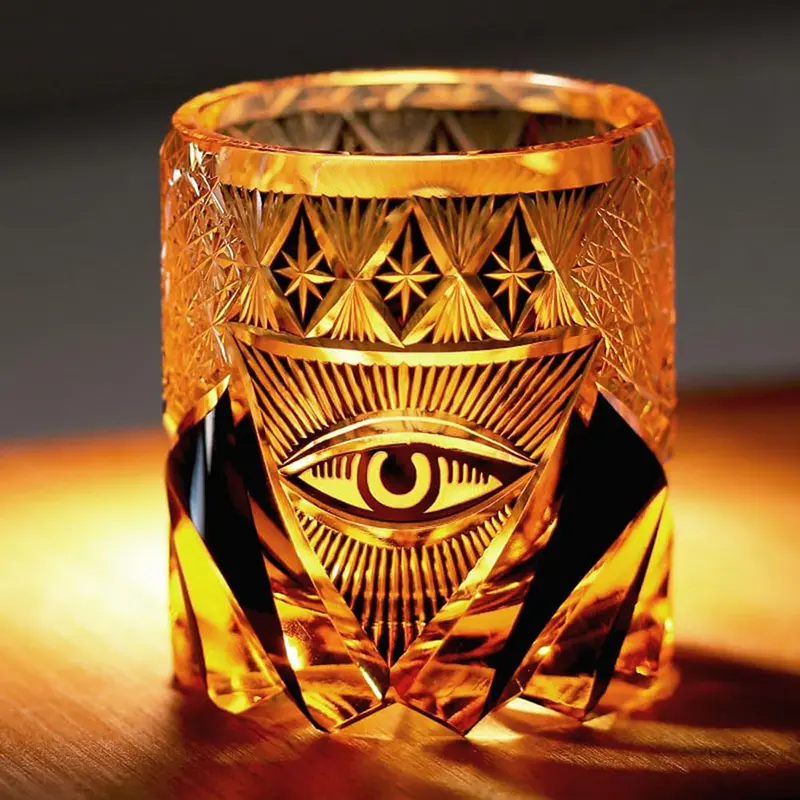 God's Eye Hand-Carved Whiskey Glasses - 8oz Artisan Crystal Glassware Drinkware, Glassware Drinkware Set for Bourbon & Scotch, Unique Engraved Gift for Whiskey Lovers, Home Bar Essentials, Drinkware Glass Set