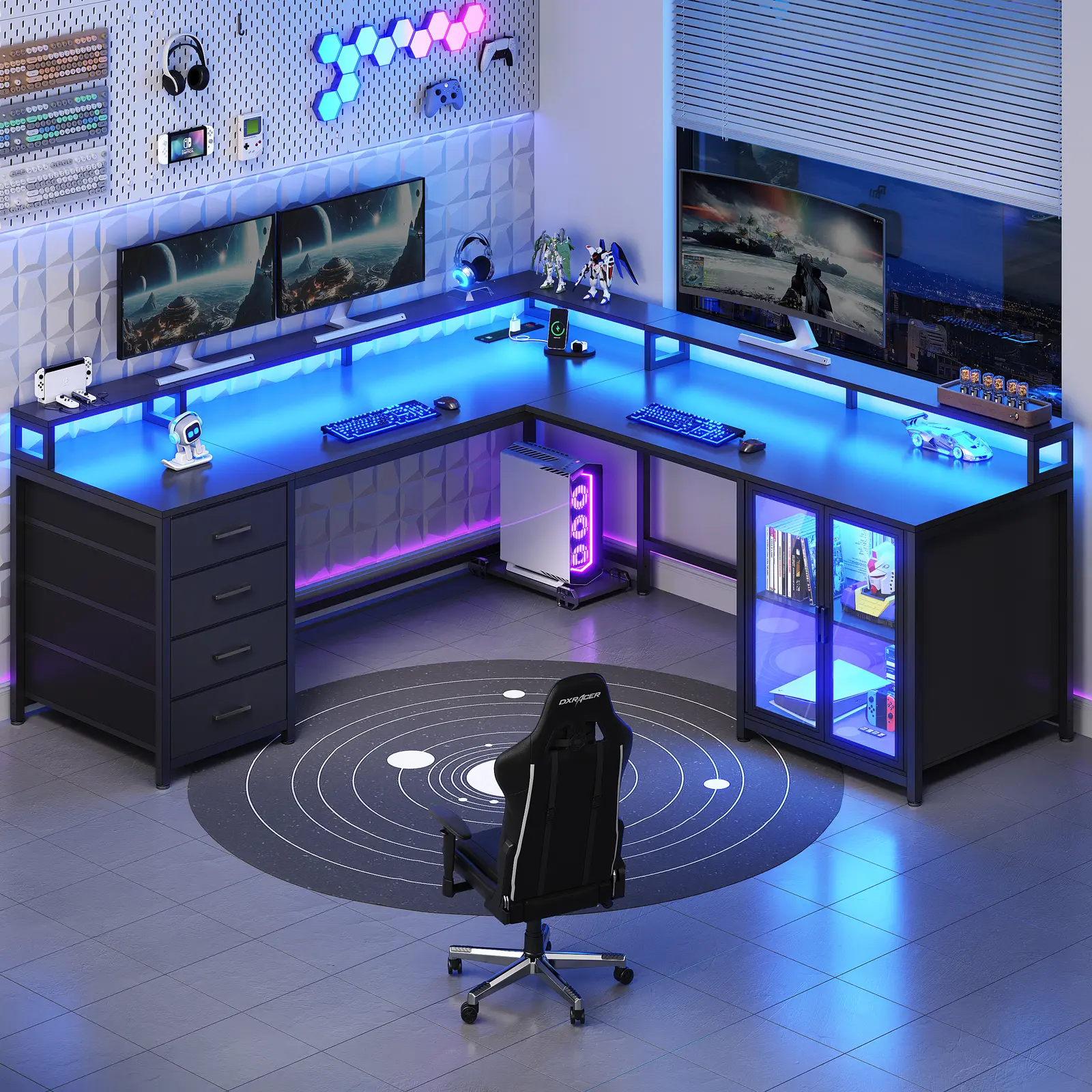 Sedeta 109in Adjustable L-Shaped Sturdy Corner Gaming Desk - Adjustable Corner Desk with 4 Drawers, Display Cabinet, Dual Monitor Mount, CPU Stand, LED Lights, Power Outlet for Home Office, Man Cave