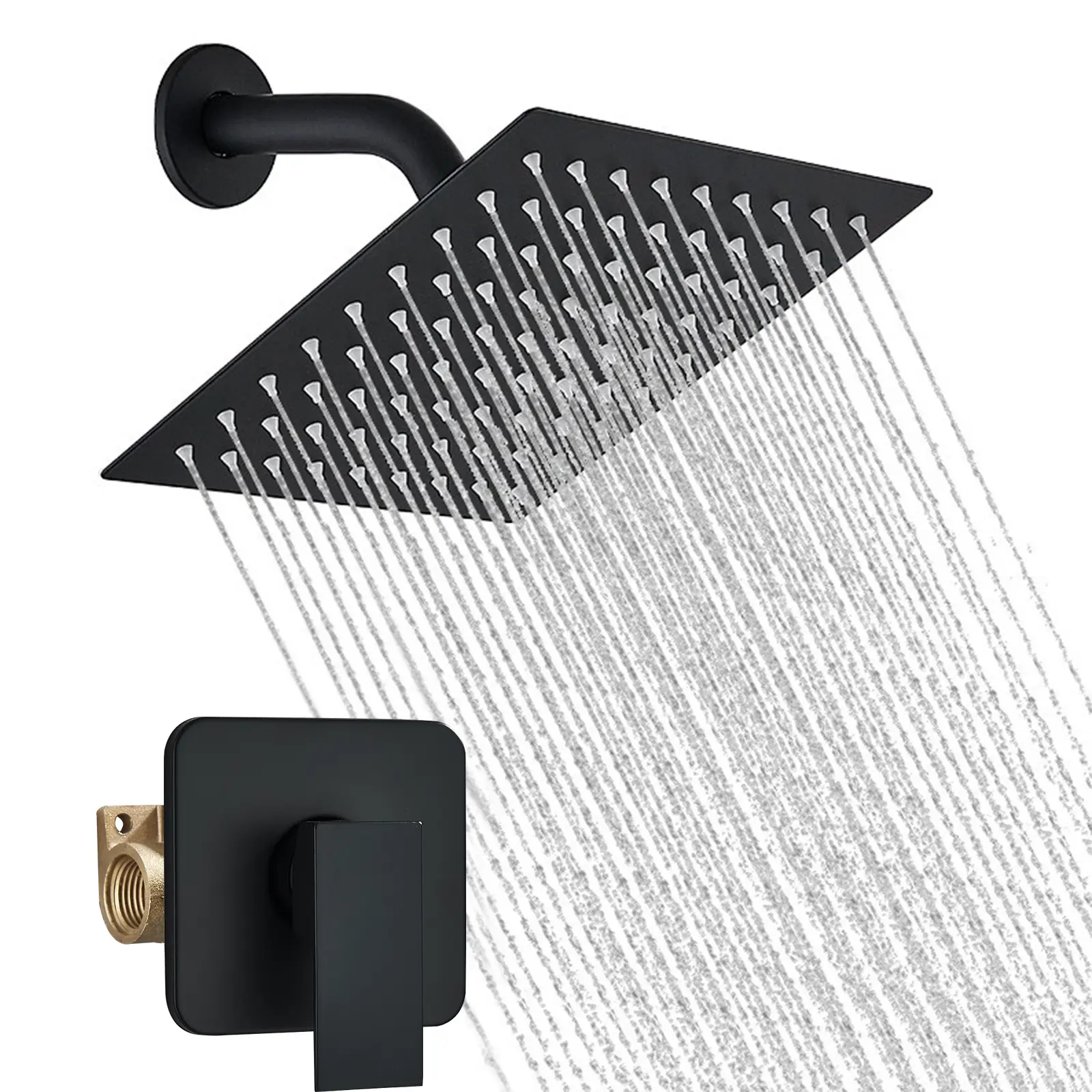 Shower Faucet Set with Valve, Bathroom Rainfall Shower System, Wall Mount Single Handle Shower Trim Kit, Rainfall Fixed Shower Head, 8 Inch Square Shower Head, Matte Black