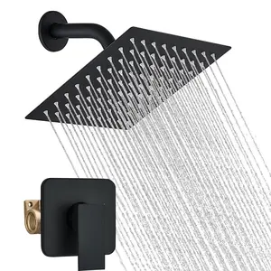 Shower Faucet Set with Valve, Bathroom Rainfall Shower System, Wall Mount Single Handle Shower Trim Kit, Rainfall Fixed Shower Head, 8 Inch Square Shower Head, Matte Black