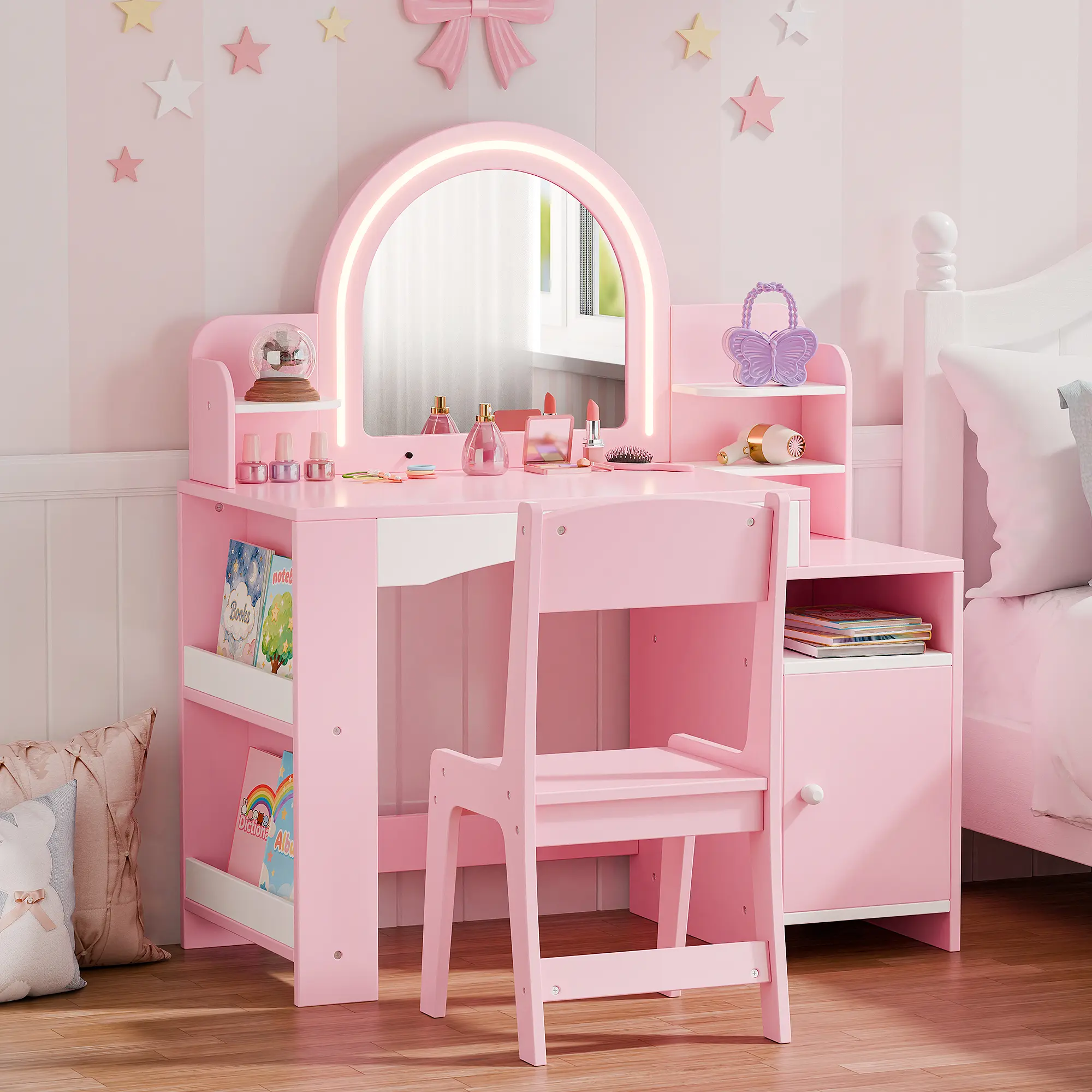 Topwin Modern Pink & White Vanity Desk Set with Lighted Mirror and Chair | Storage Shelves | Makeup Table with Drawer,dorm essentials,home decor